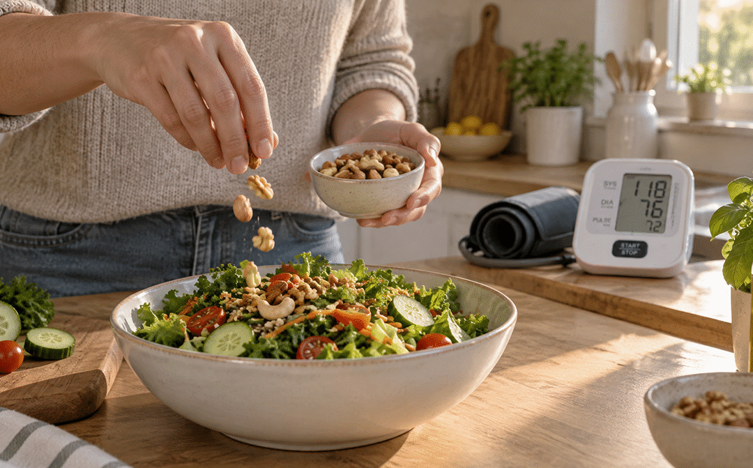 A daily handful of nuts is linked with a substantially lower risk of developing high blood pressure.