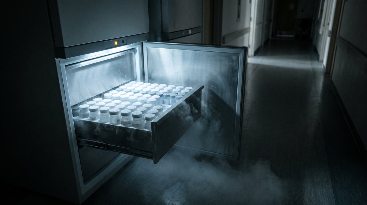 dexa A laboratory freezer drawer full of frosted blood sample tubes, cold mist spilling into a dark hospital corridor