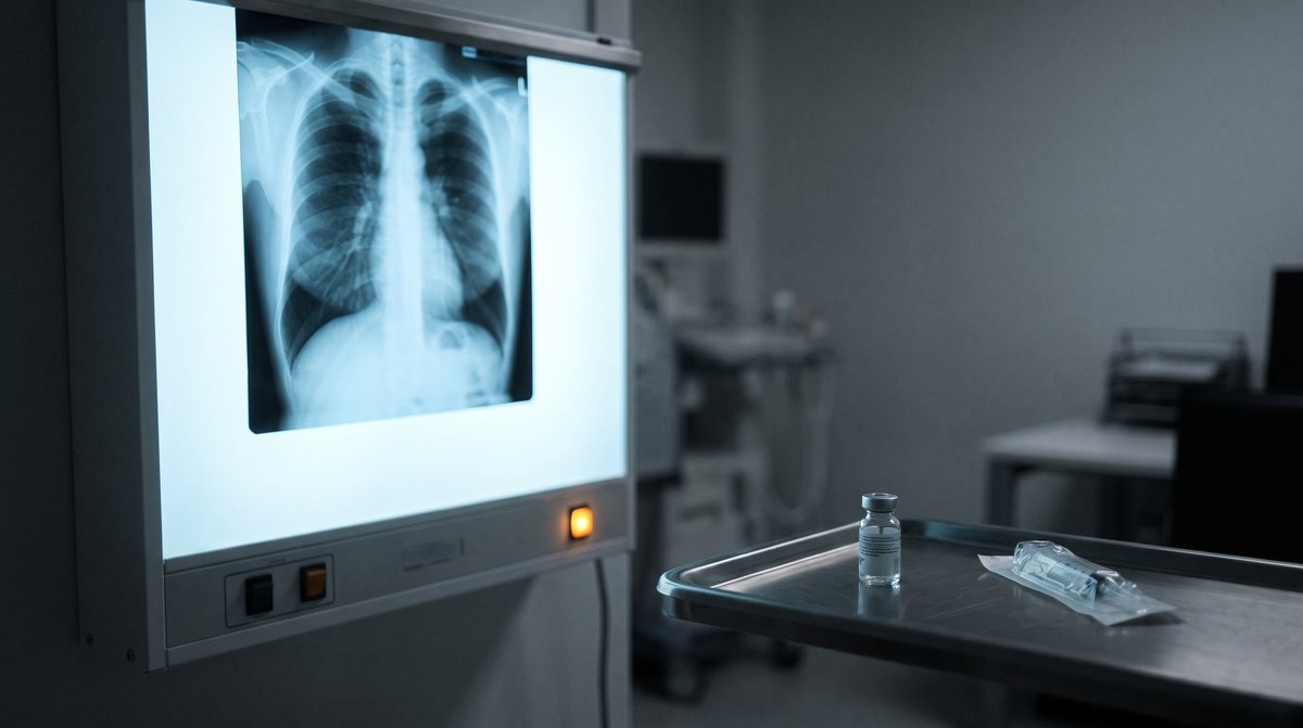A chest X-ray of healthy lungs on a lightbox beside a vaccine vial and syringe on a steel tray